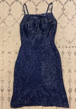 Saks Fifth Avenue 100% Silk Evening Dress Sz XS Sleeveless Sequin Beads Blue B2 - £55.35 GBP