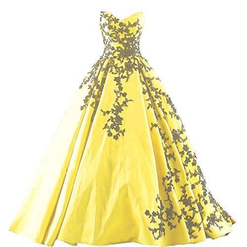Beaded Gothic Black Lace Long Ball Gown Satin Prom Evening Dresses Yellow US 4