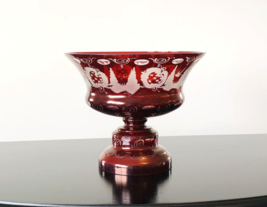 Egermann Ruby Red Cut to Clear Glass Compote, Pedestal Bowl, Bohemian Crystal - £53.25 GBP