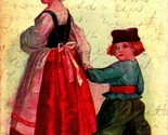 Made in Germany Dutch Girl Maid Boy Wood Clogs Holding Hands 1909 Postcard - $9.76