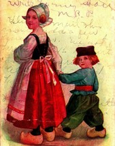 Made in Germany Dutch Girl Maid Boy Wood Clogs Holding Hands 1909 Postcard - £9.04 GBP