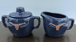 RARE Frankoma Pottery Ranch Navy Blue Cattle Brands Longhorn Creamer Sug... - $49.99