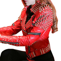 Handmade Women Red Studded Motorcycle Jacket, Rock Style Studded Jacket - £312.67 GBP