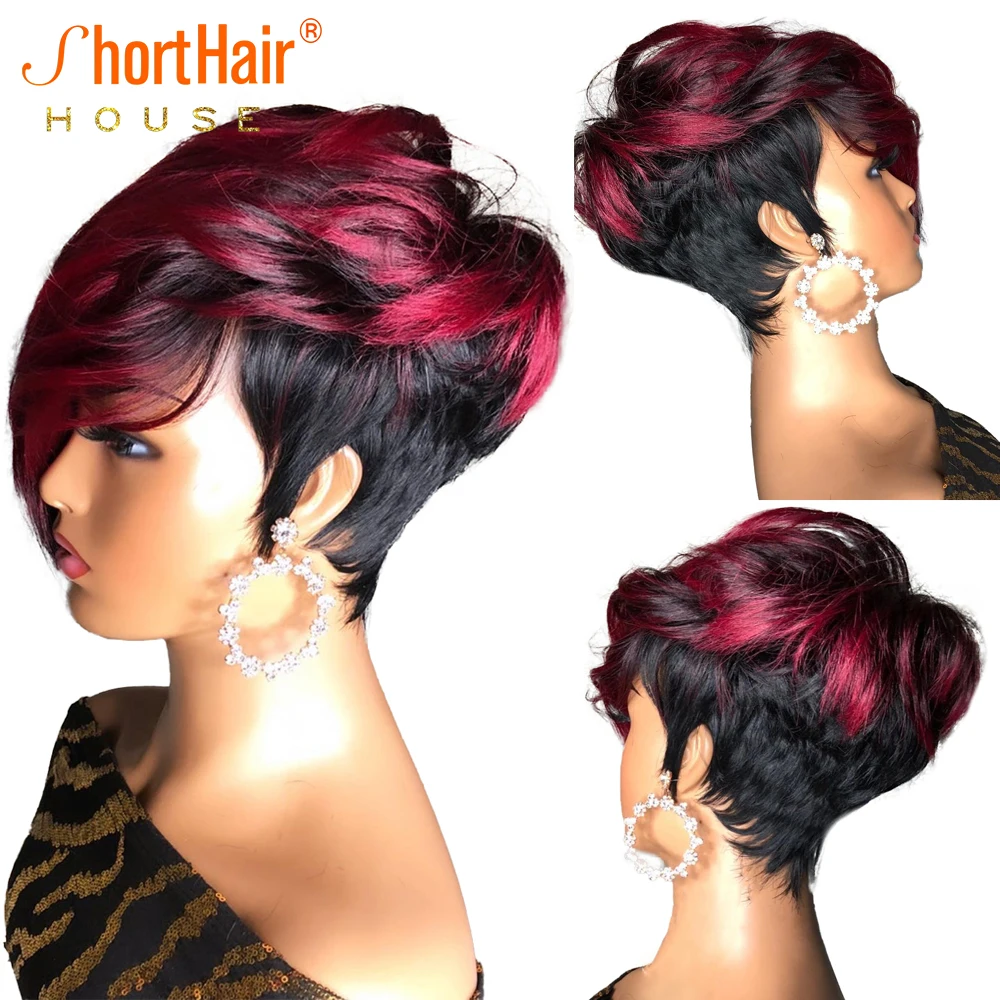 Dark Red Pixie Cut Wig Human Hair Short Bob Wig With Natural Bang Brazilian Wigs - £41.93 GBP+