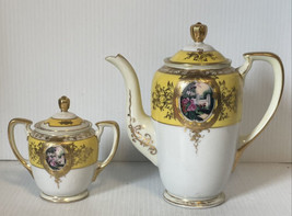 Genuine MK porcelain teapot And sugar bowl yellow and guilt Oval Garden Scene - £94.07 GBP
