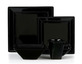 16 Piece Square Beaded Stoneware Dinnerware set by Lorren Home Trends, Black - £64.51 GBP