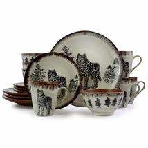 MISC Wolf 16 Piece Round Stoneware Dinnerware Set in Taupe Tan Animal Ca... - £79.52 GBP