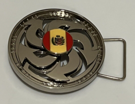 Spinner Belt Buckle Peru Flag Yellow Red Round Center Spinners Silver Bling - £16.58 GBP