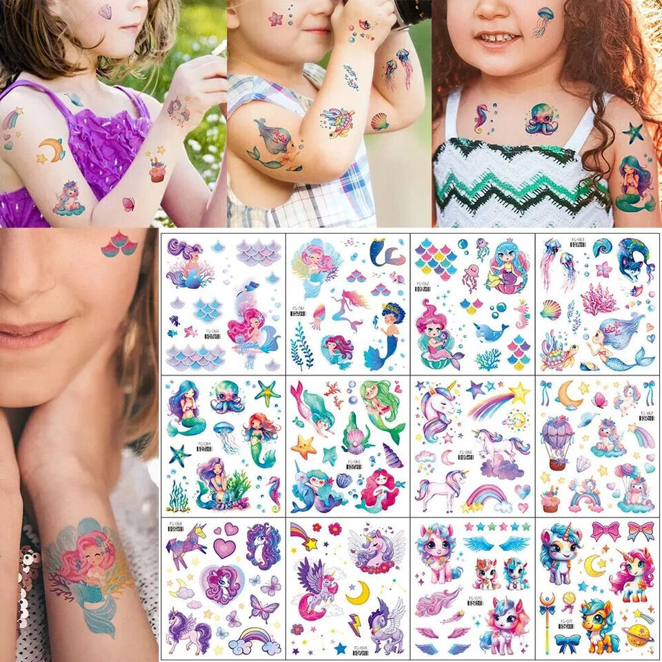 12pc Unicorn Temporary Fake Tattoo Body Kids Mermaid Girls Colorful Face... - $18.86