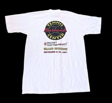 Vintage 1997 Burbank Tennis Center Racket Doctor Tee White USA Fruit of the Loom image 5