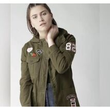 Forever 21 Womens Cargo Jacket Size Small Army Green Patches Zip Up Hooded - $33.66