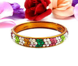 Colorful Rhinestone Bangle Bracelet Vintage Coppertone Red Green Pink Yellow - £15.04 GBP