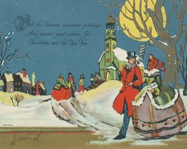 Vintage Christmas Card Couples Walk to Church 1920&#39;s Colorful With Gold ... - £7.78 GBP