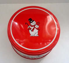 Round metal cookie tin container winter holiday red with snowman and flo... - $19.75