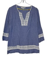 Boden Women&#39;s Top Crochet Trim Chambray 3/4 Sleeve V-Neck Boxy Fit Blue Sz. XL - £17.01 GBP