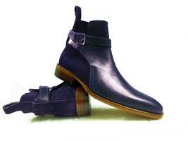 Handmade Men&#39;s Ankle High Blue Leather Boots, Men Designer Jodhpurs Boots - £128.19 GBP+