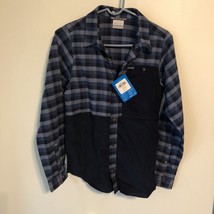 Columbia Flannel Youth Shirt Size Large Blue Plaid W/Solid patches - $20.57