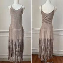 Design Lab Beige Moleskin Sueded Fabric Spaghetti Strap Fringe Slip Dres... - $485.60 MXN