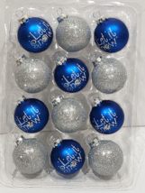 12pc Christmas Blue Silver Glitter LET IT SNOW Glass Ornaments Tree Decor &quot; 2&quot; - £17.20 GBP