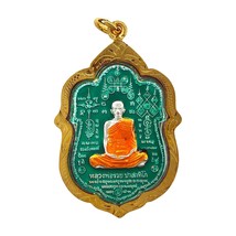 Lp Ruay Famous Monk Enamel Talisman Buddha Thai Amulet Magic Pendant Gold Case - £15.71 GBP