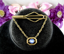 BLUE GLASS OPATLIE Vintage TIE CLASP Cabochon Gem Charm Dangle Chain Gol... - €16,44 EUR