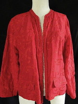 Chico&#39;s Red Embroidered Long Sleeve Open Front Silk Blend Jacket Blazer ... - £18.17 GBP
