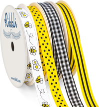 Ribbli Bumble Bee Ribbon,Bee/Polka Dots/Black Gingham/Yellow Black Stripe Ribbon - £18.07 GBP