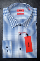 HUGO BOSS Homme Kenno Slim Fit Facile Fer Coton Plaid Robe Chemise 37 14.5 - £51.04 GBP
