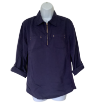 CATHY Women’s Roll Tab Sleeve Top Shirt Size L Navy Blouse Pockets  1/4 Zip - $11.88