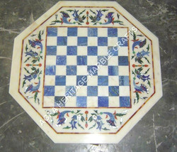 12&quot; White Marble Top Chess Table Lapis Lazuli Inlay Design Furniture Decor H4684 - £310.46 GBP