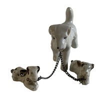 Vintage Terrier Dog Mom &amp; 2 Puppies on Chain Leash Figurine Japan - $16.58