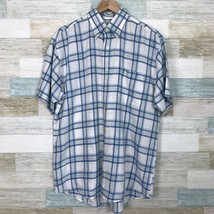 Jos A Bank Travelers Linen Plaid Shirt Blue White Button Down Casual Men... - $24.73