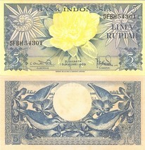 Indonesia P65, 5 Rupiah, flower / sunbirds 1959, Uncirculated - £2.13 GBP