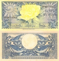 Indonesia P65, 5 Rupiah, flower / sunbirds 1959, Uncirculated - £2.08 GBP