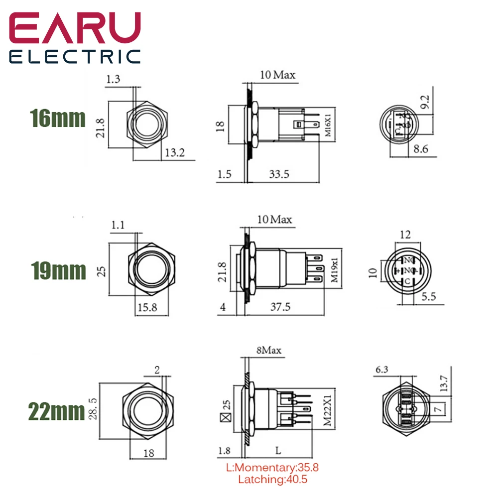 House Home 16mm Alumina/Chromed Metal Push Aon Switch LED Light DIY Logo Symbol  - £19.77 GBP