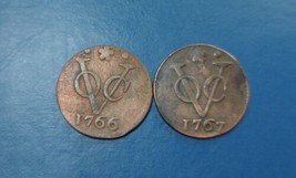 2 Pcs Dutch Colonial Voc Duit 1766 &amp; 1767 HOLLAND New York Penny Coin_c55 - £14.73 GBP