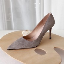 New Spring Elegant Light Grey Natural Suede Leather Women High Heels Classic Dai - £109.91 GBP