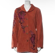 Bob Mackie Fleece Jacket Size Large Burnt Orange Pink Embroidered Button Up - $44.55