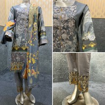 Pakistani   Gray Straight Shirt 3-PCS Marina Suit w/ Threadwork,Large - £66.02 GBP