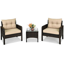 3PCS Outdoor Rattan Conversation Set Patio Garden Furniture Cushioned Sofa Chair - £278.91 GBP
