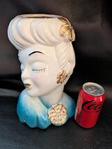 Glamour Girl Lady Head Vase Pinup Planter White Blue Betty Grable 11 In ... - $78.98