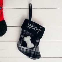 Dog Christmas Stocking “Woof&quot; Puppy Pet White &amp; Black Plaid Mini 7&quot; NEW - £7.67 GBP