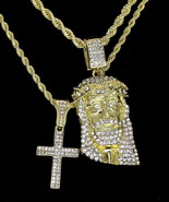 14k Gold Plated 2 pc CZ Jesus &amp; Cross 20&quot; 24&quot; Rope Chain Set Mens Womens... - £8.50 GBP