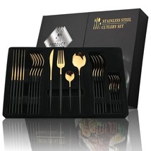 Premium 24-Piece Stainless Steel Cutlery Set with Black Handle and Golden Accent - £27.42 GBP+