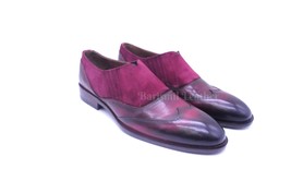Men handmade leather loafers burgundy patina men dress two tone shoes - $169.99+