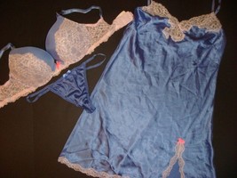 Nwt Victoria&#39;s Secret 32DD Bra Set+S Slip Satin Iridescent Blue Lavender White - £94.73 GBP