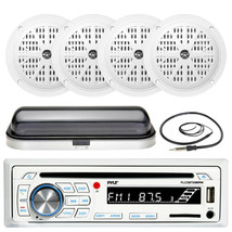 Bluetooth USB SD AUX Boat Radio, Cover, Antenna, Pyle 5.25&quot; 100W White Speakers - £144.87 GBP