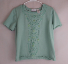 Alfred Dunner Women&#39;s Green Embroidered Beaded Floral Shirt Size PM - £10.04 GBP