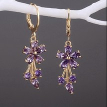 18K Gold Plated Purple Crystal Flower Drop Earrings for Women - £8.69 GBP