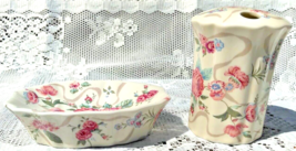Vintage Bathroom Soap Dish &amp; Toothbrush Holder Pink Ceramic Floral Design - $17.04